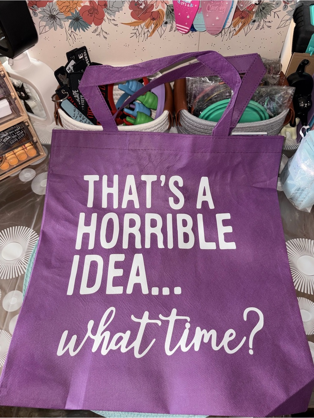 Purple Tote Bag with White Script "That's a Horrible Idea... what time?" 16”x15” - Picture 2 of 3
